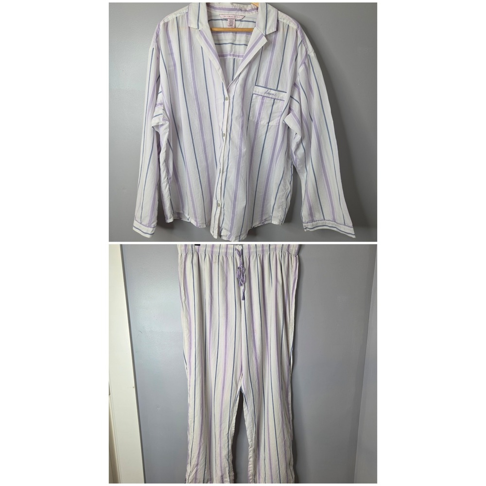 Victorias Secret Pajama Set XL Purple White Striped Button Down Pants Dream